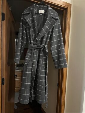 a new day Charcoal Windowpane Belted Trench Coat